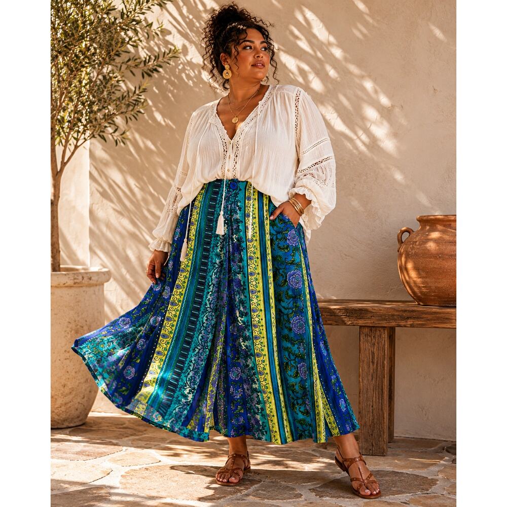 Vintage 90s J.R. Bentley Plus Vibrant Boho Rayon Maxi Skirt Size 20 Whimsigoth